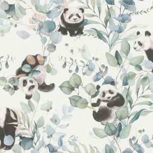 Decora la habitación infantil con Bambino 049-BAM, papel pintado encantador de pandas y hojas. Ideal para un ambiente alegre.