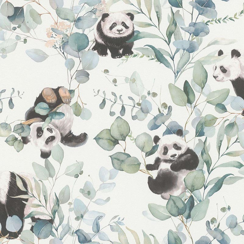 Decora la habitación infantil con Bambino 049-BAM, papel pintado encantador de pandas y hojas. Ideal para un ambiente alegre.