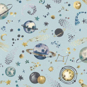Decora la habitación de tus pequeños con Bambino 051-BAM, papel pintado infantil Decoas lleno de estrellas y planetas.