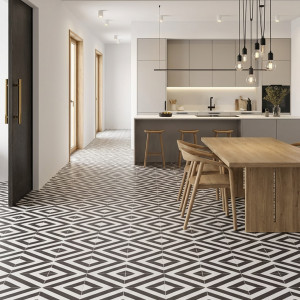 Azulejo de patrón blanco y negro, Suelo laminado Faus Retro S185210, ideal para dar un toque moderno y elegante a tu espacio.