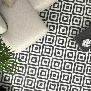 Descubre el azulejo de patrón negro y blanco Suelo laminado Faus Retro S185210, ideal para un estilo moderno y elegante.