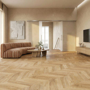 Descubre el suelo laminado Faus Masterpieces Espiga Boho, ideal para dar un toque elegante y moderno a tu hogar.