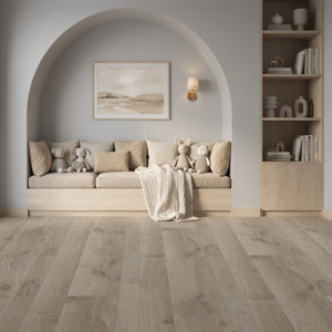 Suelo laminado Faus Harmony Roble Taupe, elegante y duradero, ideal para transformar tu hogar con estilo.